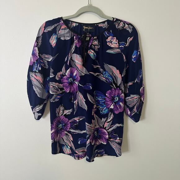 Yumi Kim navy blue floral silk 3/4 sleeve top size XS - Picture 11 of 13